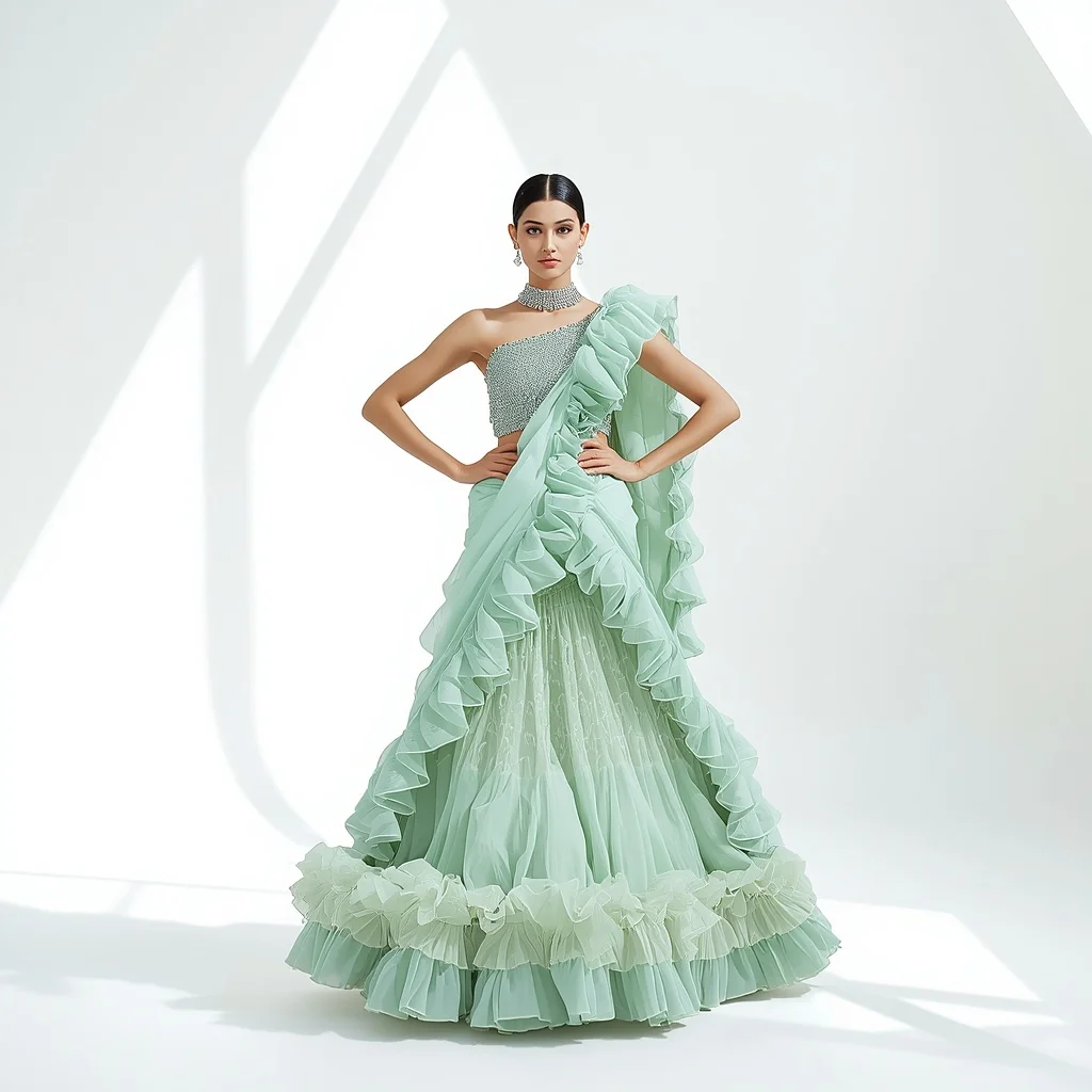 Seafoam Green 3D Organza Ruffle & Diamond Saree | Hands on Hips Power Pose | Hd Image Prompt