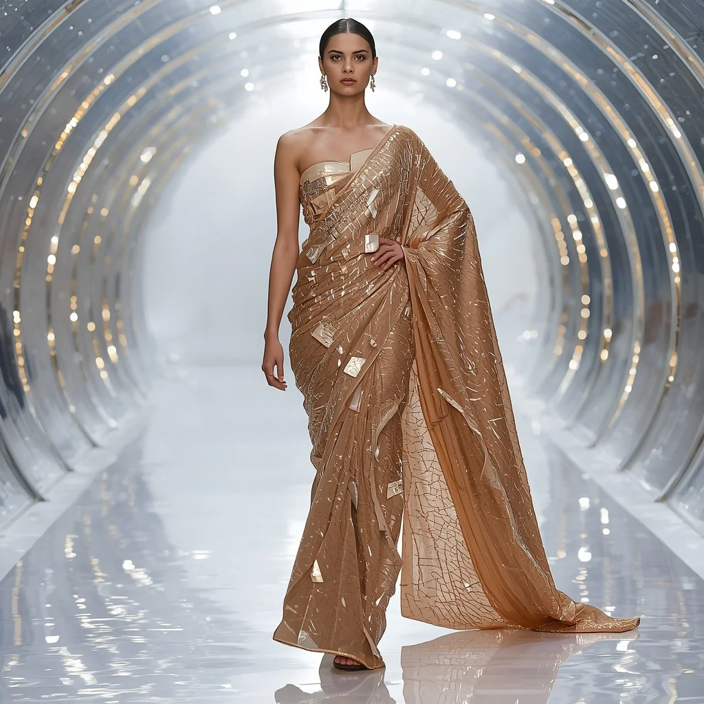 Shattered Mirror Couture Saree with Holographic Arc Pavilion | New Instagram Trend Prompt For Girl Attitude