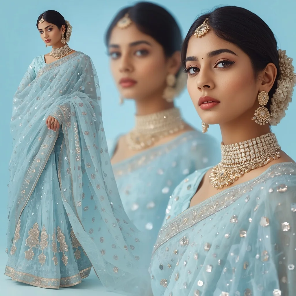 Shimmering Liquid Drops With Complex Festive Fancy Saree | Google Prompt