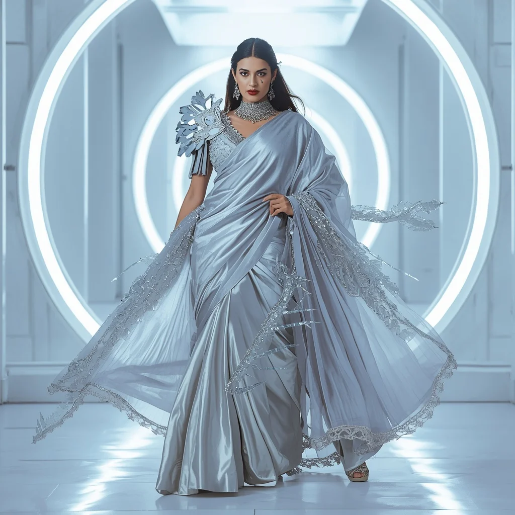 Silver Dragon Aurora Saree – Heavy Royal Designer Saree with Action Pose and Aurora Dragon Fortress Background | Wedding Ai Prompt