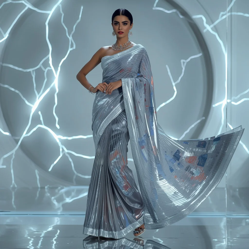 Silver Galaxy Rift Nova Core Saree – Futuristic Party Saree with Side Flow Pose and Rift Nova Chamber Background | New Instagram Trend Prompt For Girl Attitude