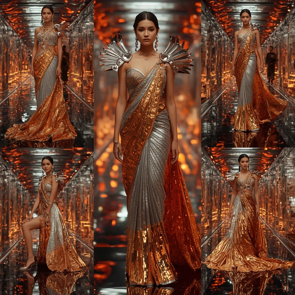 Silver Inferno Fantasy Saree with Futuristic Crystal Corridors | Ai Photo Editing Prompt