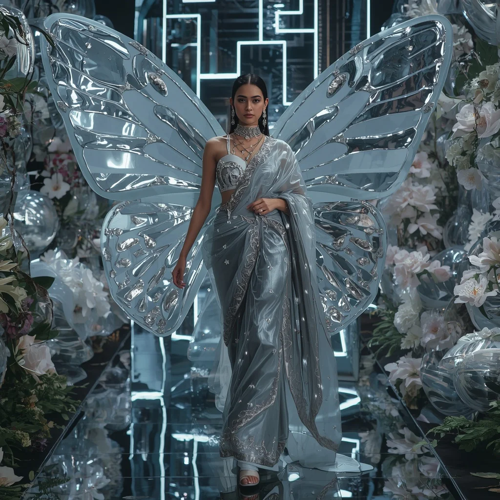 Silver Mercury Liquid Butterfly Saree with Futuristic Tech Background | Best Ai Prompt 2026