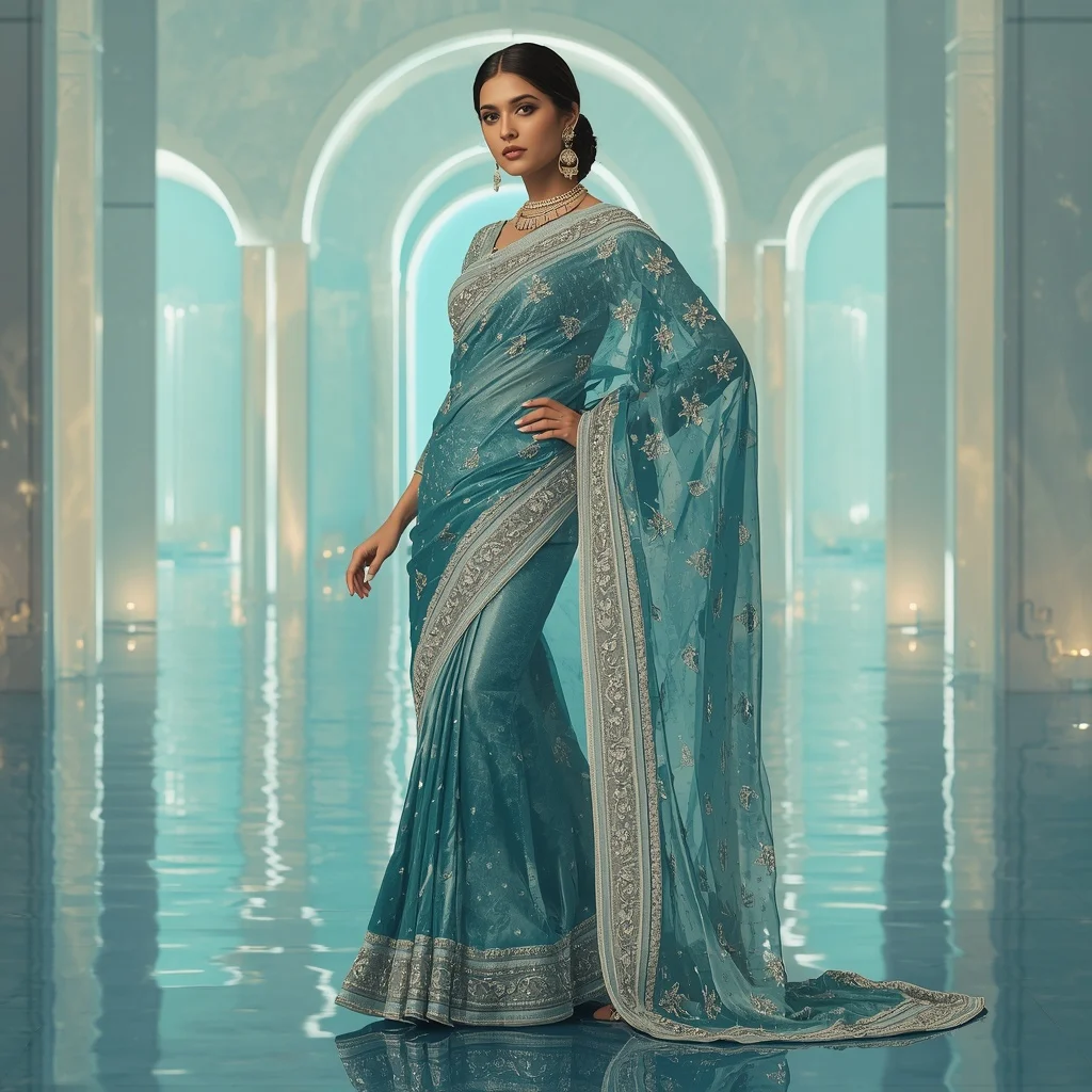 Silver Ocean Meteor Saree – Luxury Glam Saree with Side Pose and Meteor Water Reflection Palace Background | South Indian Prompt For Girl ChatGPT