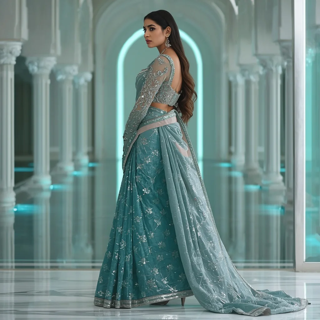 Silver Ocean Mirage Saree – Luxury Glam Saree with Side Pose and Mirage Water Reflection Palace Background | Gemini Traditional Saree Prompt In English