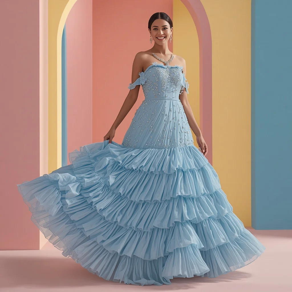 Sky Blue tiered Ruffle Saree with Diamond Encrusting | Travel Ai Prompt