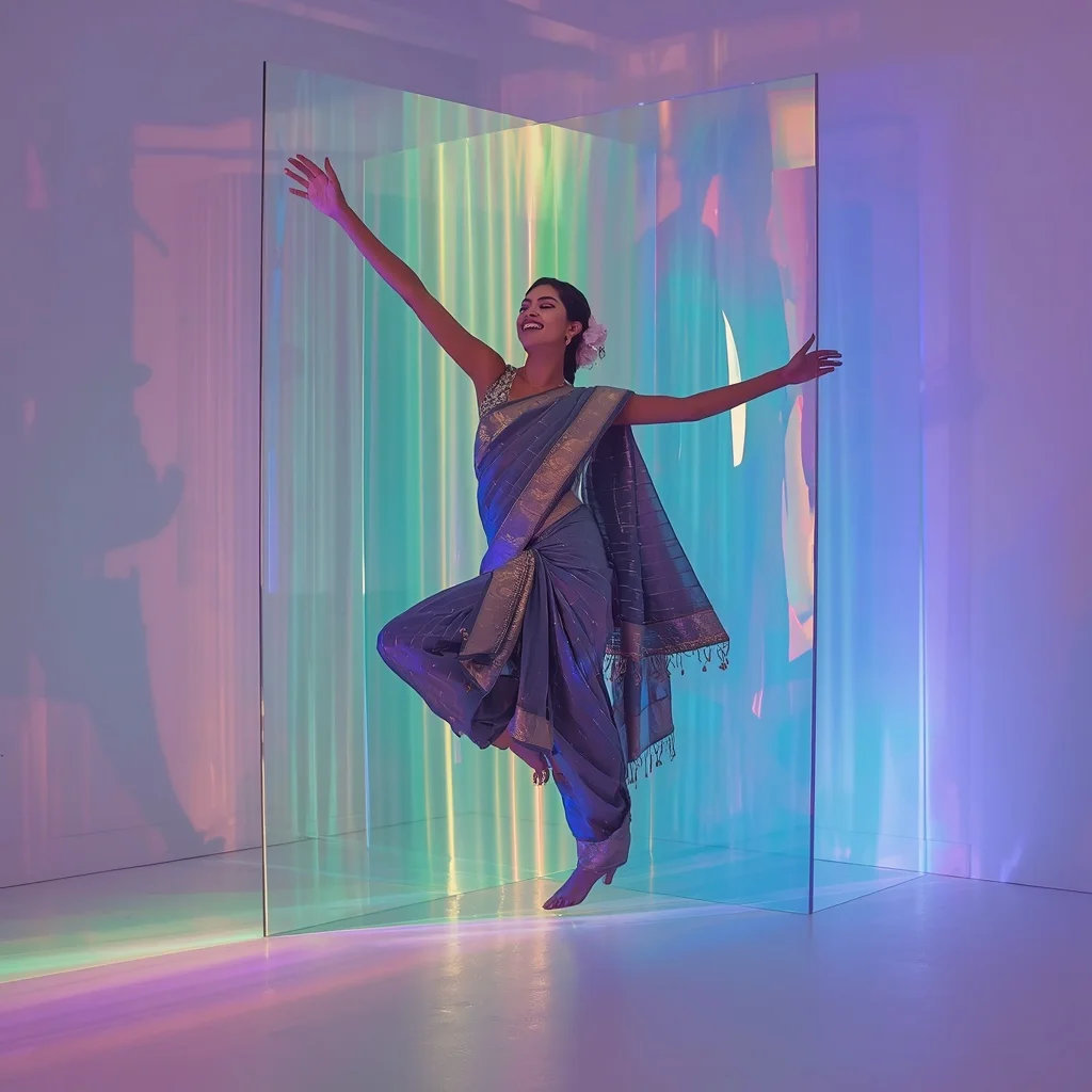 Slate Grey Fiber-Optic Saree – Angular Mid-Air Pose with Rainbow Prism Light | Prompt Ai For Girl Instagram