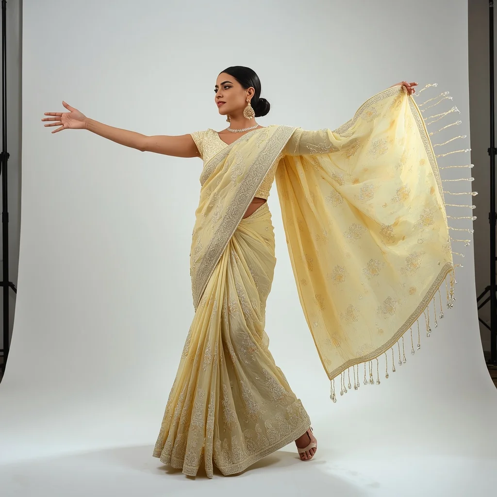 Soft Lemon Heavy Gota Patti & Mukaish Saree | Playful Twirling Pose Viral Reels | Instagram Story Ai Prompt