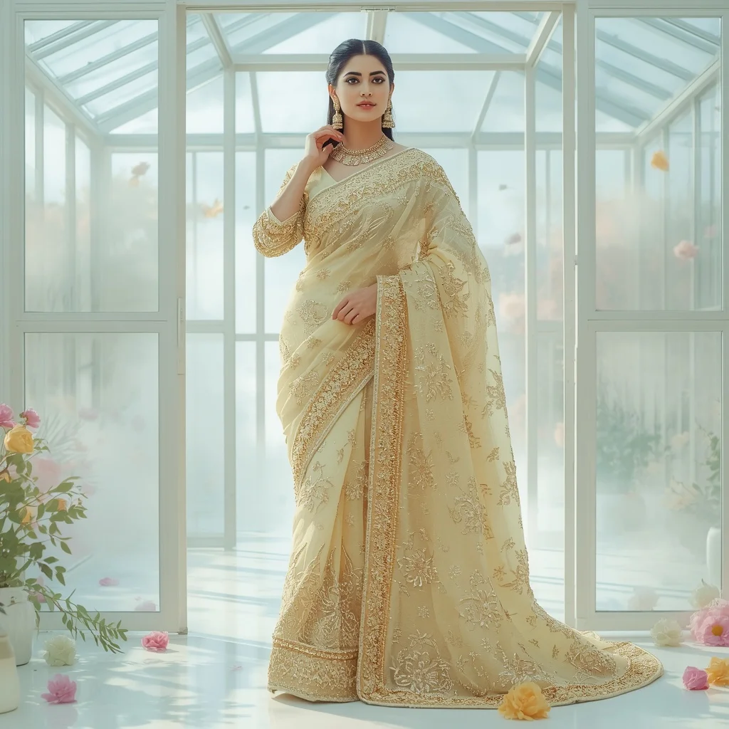 Soft Yellow Sequence Designer Saree Viral Look | Profile Picture Ai Prompt