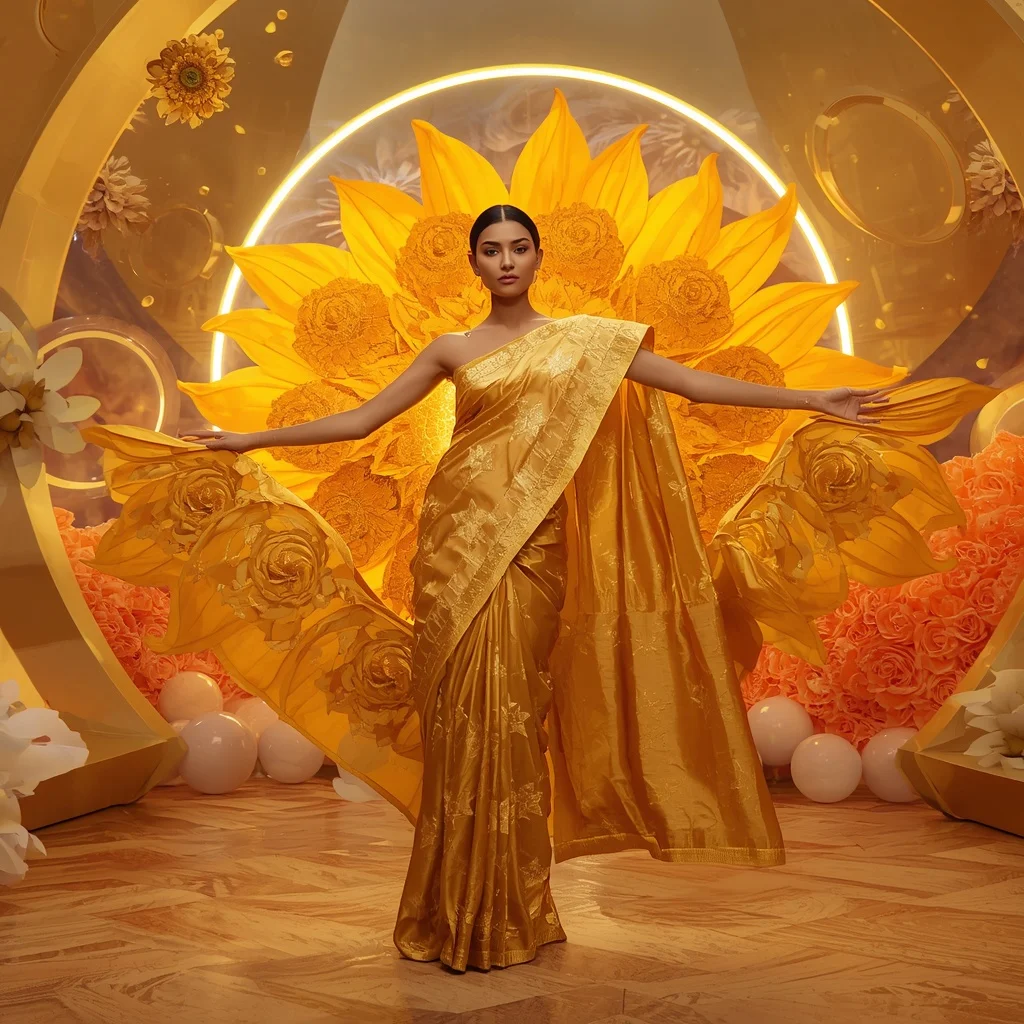 Solar Bloom Silk Saree with Floating Sunflower Nebula | Prompt Generator