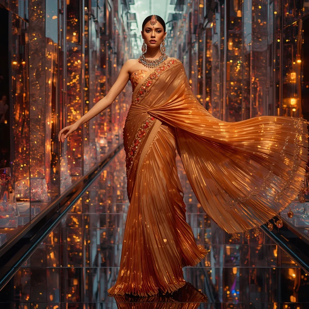 Solar Eclipse Saree with Infinity Reflection Crystal Pathways | New Design Ai Prompt