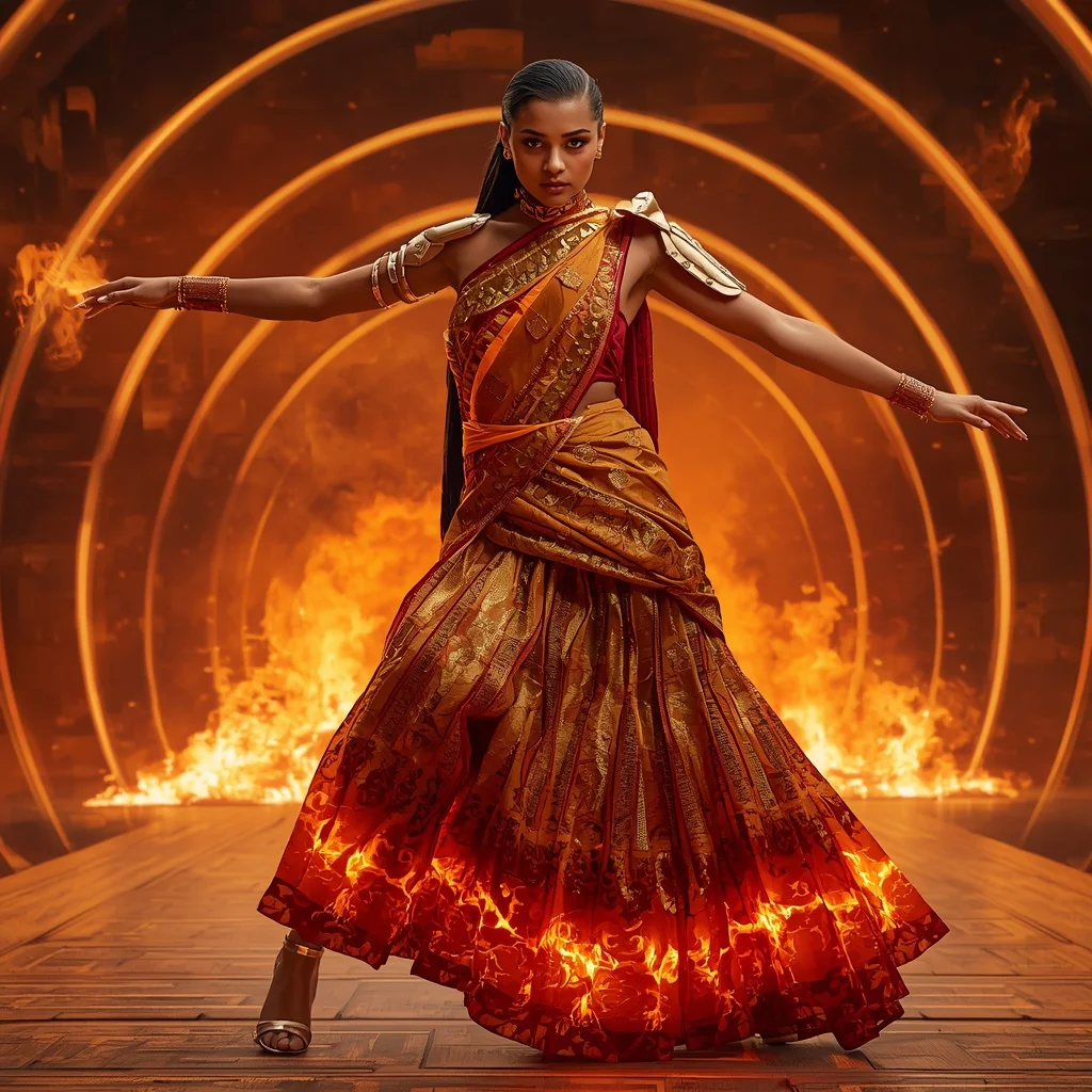 Solar Ember Alloy Saree with Burning Horizon Quantum Hall | Trending Ai Prompt