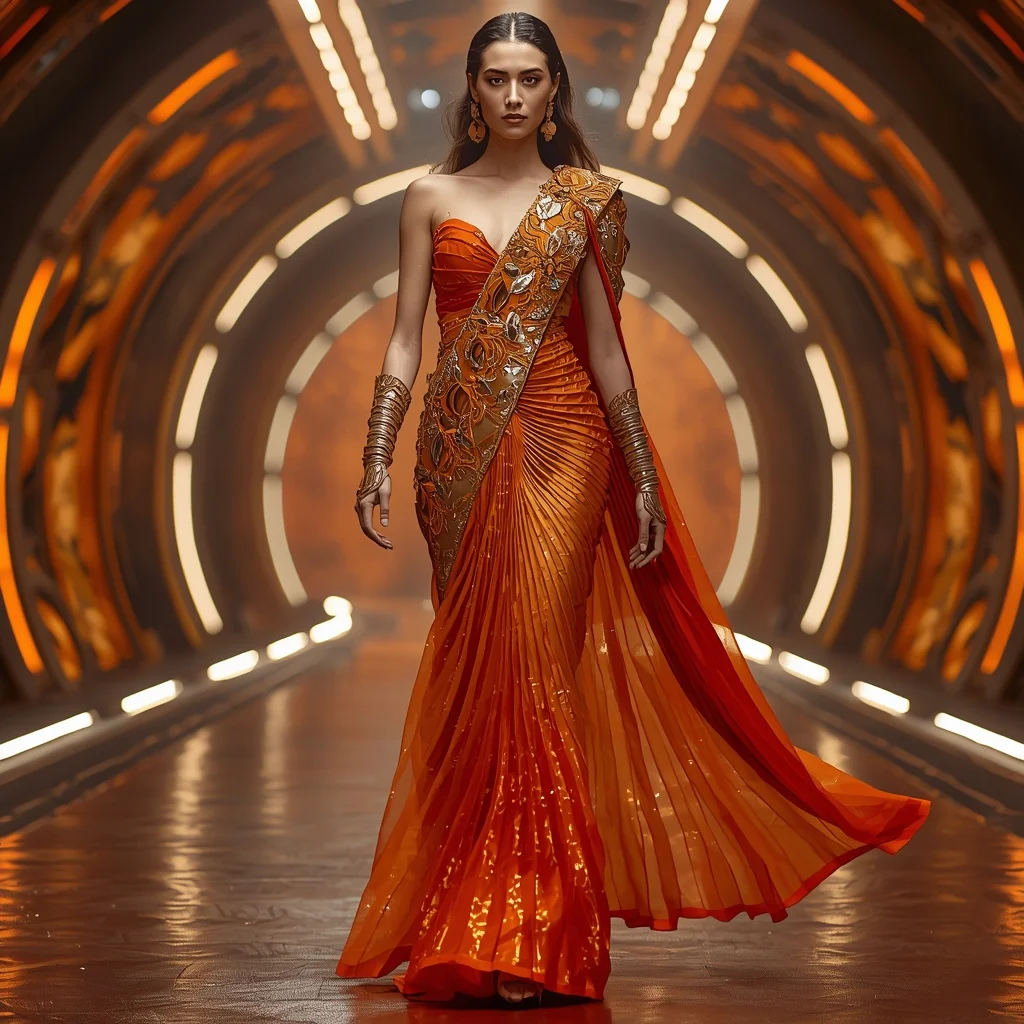 Solar Ember Inferno Apex Armor Saree with Curved Firestorm Quantum Infinity Dome Reactor Hall Nexus System | Flux Ai Prompt