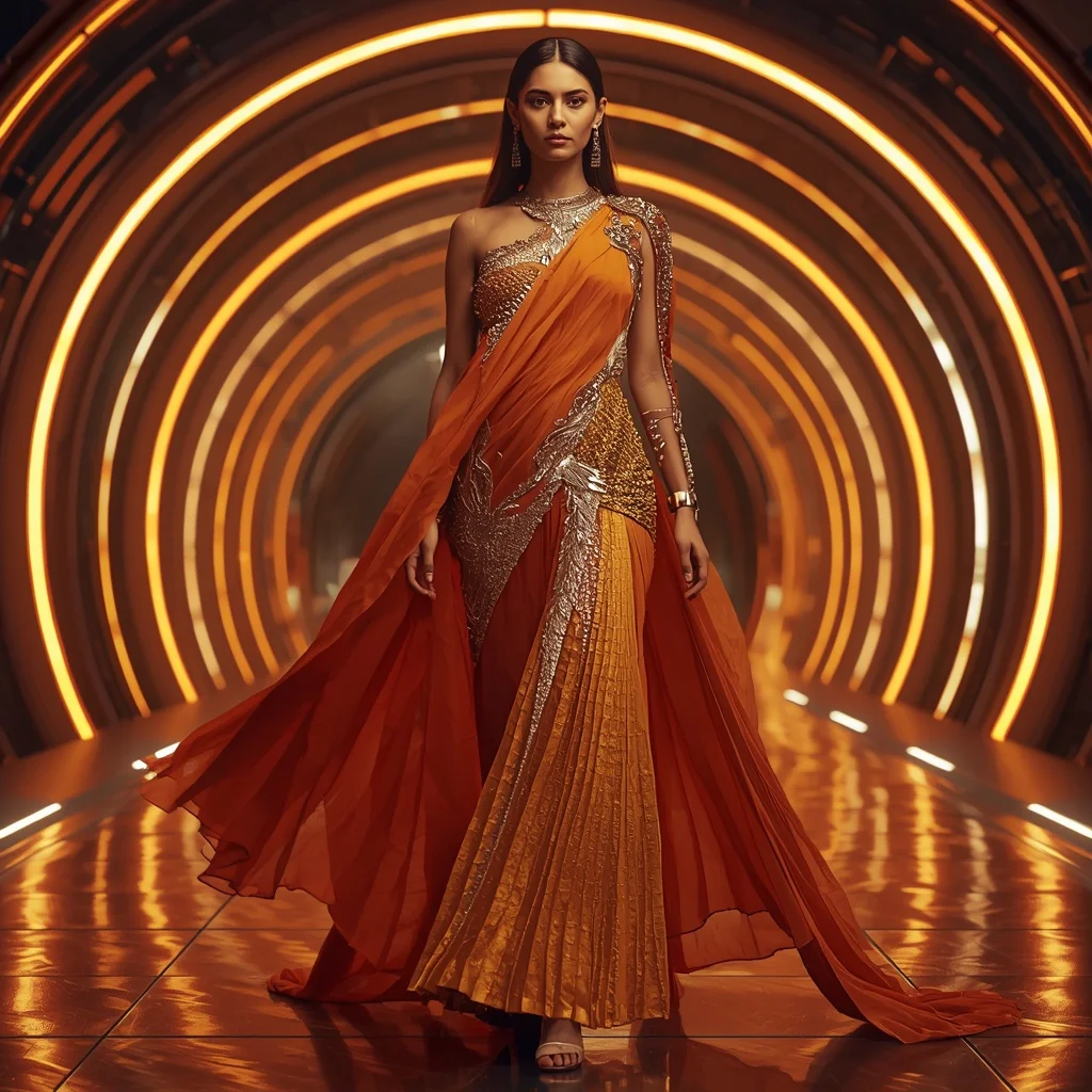Solar Ember Inferno Apex Infinity Armor Saree with Curved Firestorm Quantum Dome Reactor Hall Nexus System Core | Instagram Highlight Cover Ai Prompt