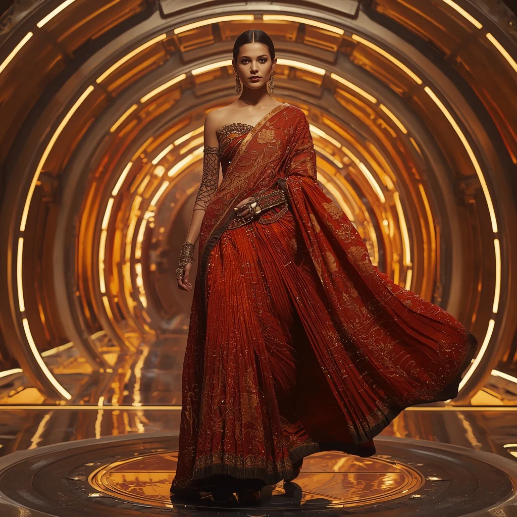 Solar Ember Inferno Zenith Core Armor Saree with Curved Firestorm Quantum Infinity Dome Reactor Hall Nexus System Core Engine | Image Prompt