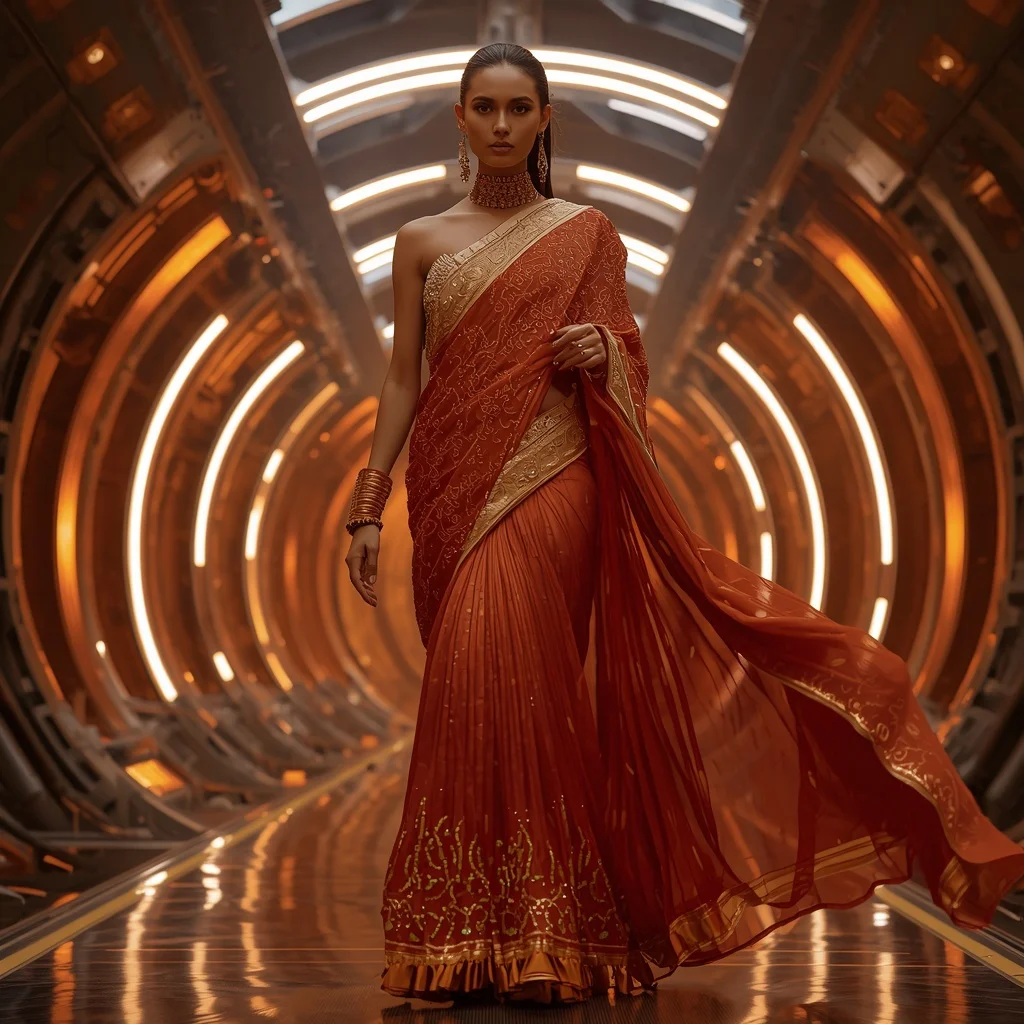 Solar Ember Inferno Zenith Infinity Armor Saree with Curved Firestorm Quantum Dome Reactor Hall Nexus Core System | Girl Prompt