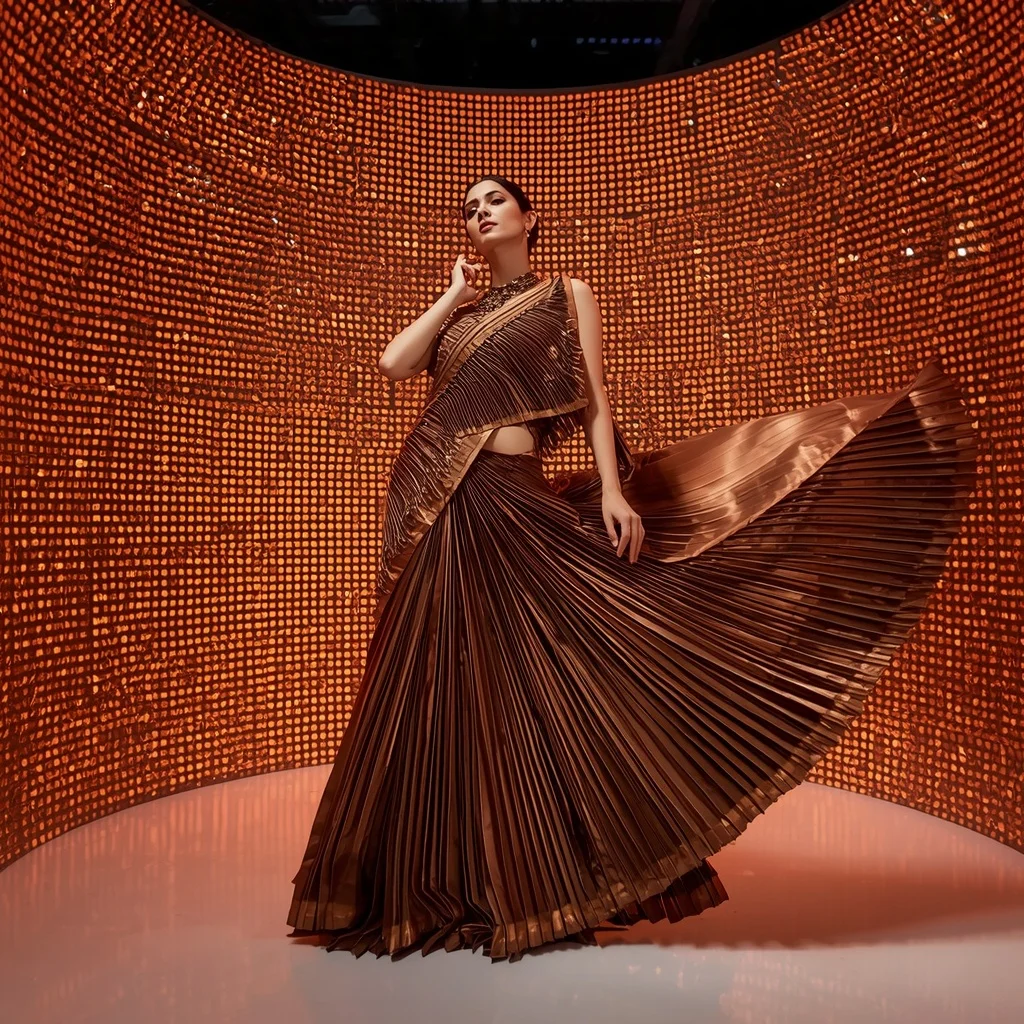 Solar Flare Metallic Silk Saree with Infinite Light Grid Pod | Prompt Seen Trending Girl