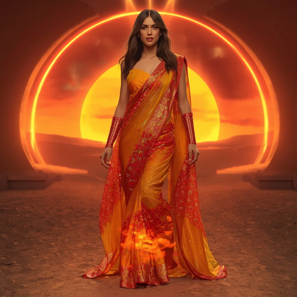 Solar Glass Flame Saree with Burning Light Horizon | Trending Prompt Girls ChatGPT