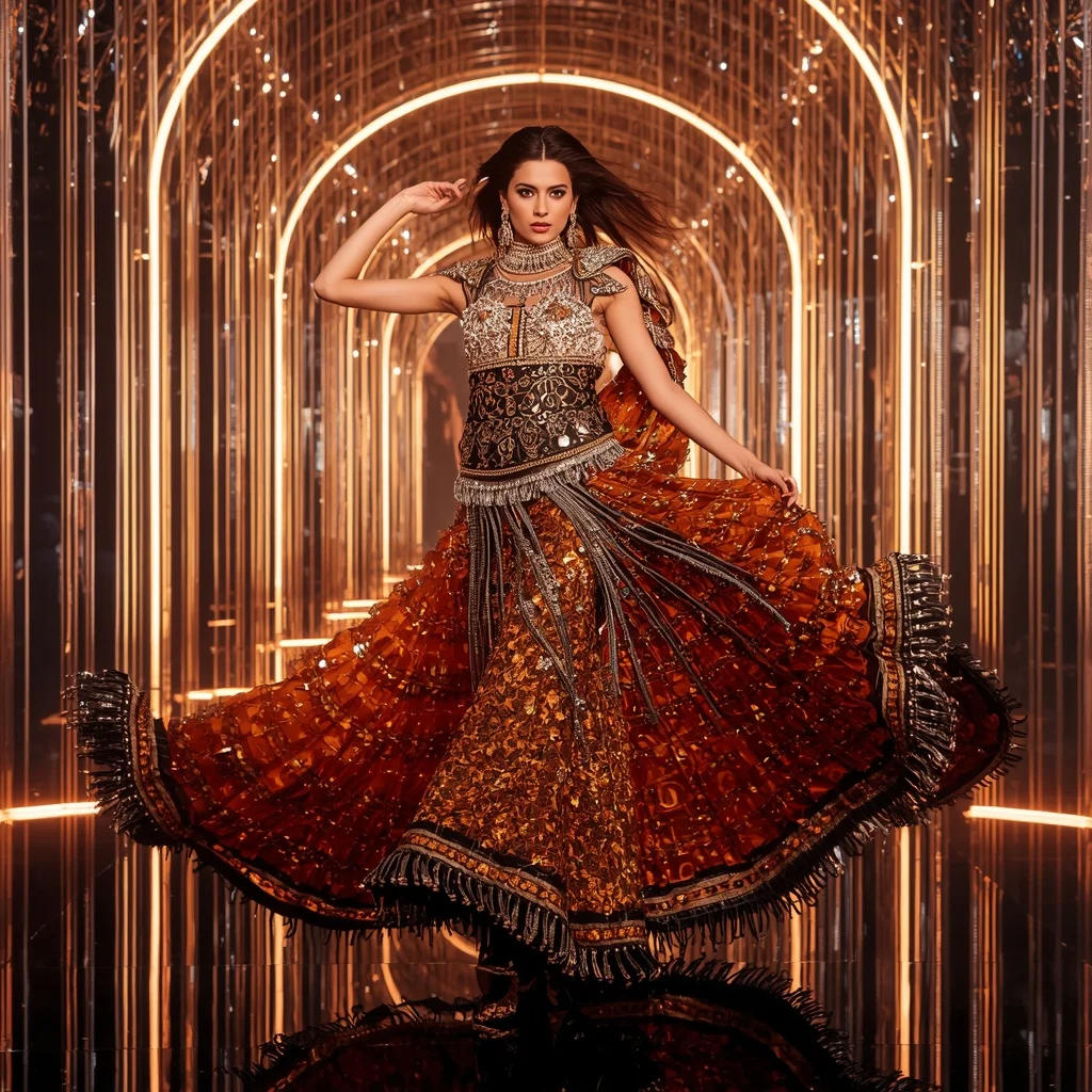 Solar Inferno Mirror Saree with Infinity Arc Diamond Sanctuary | Traditional Saree Prompt In English