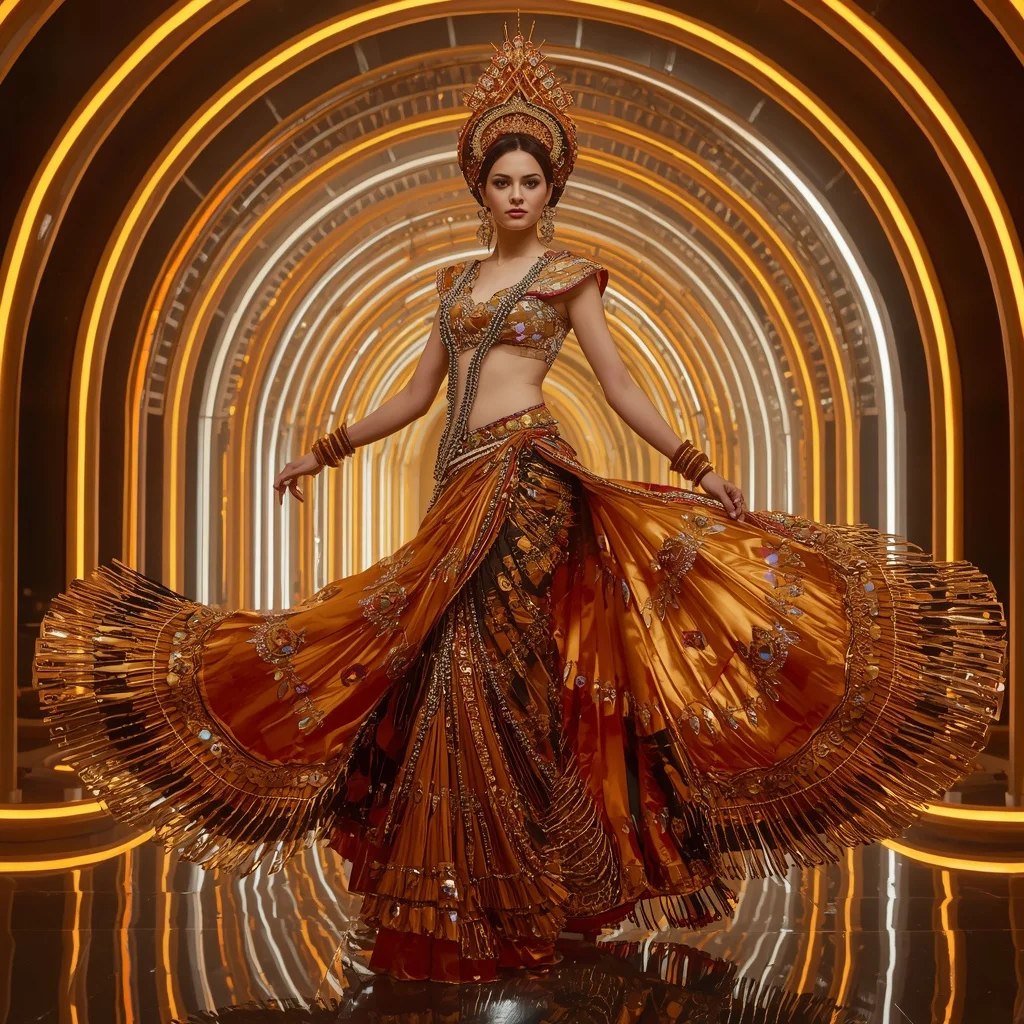 Solar Phoenix Royale Saree with Infinity Arc Neon Citadel | Realistic Ai Prompt