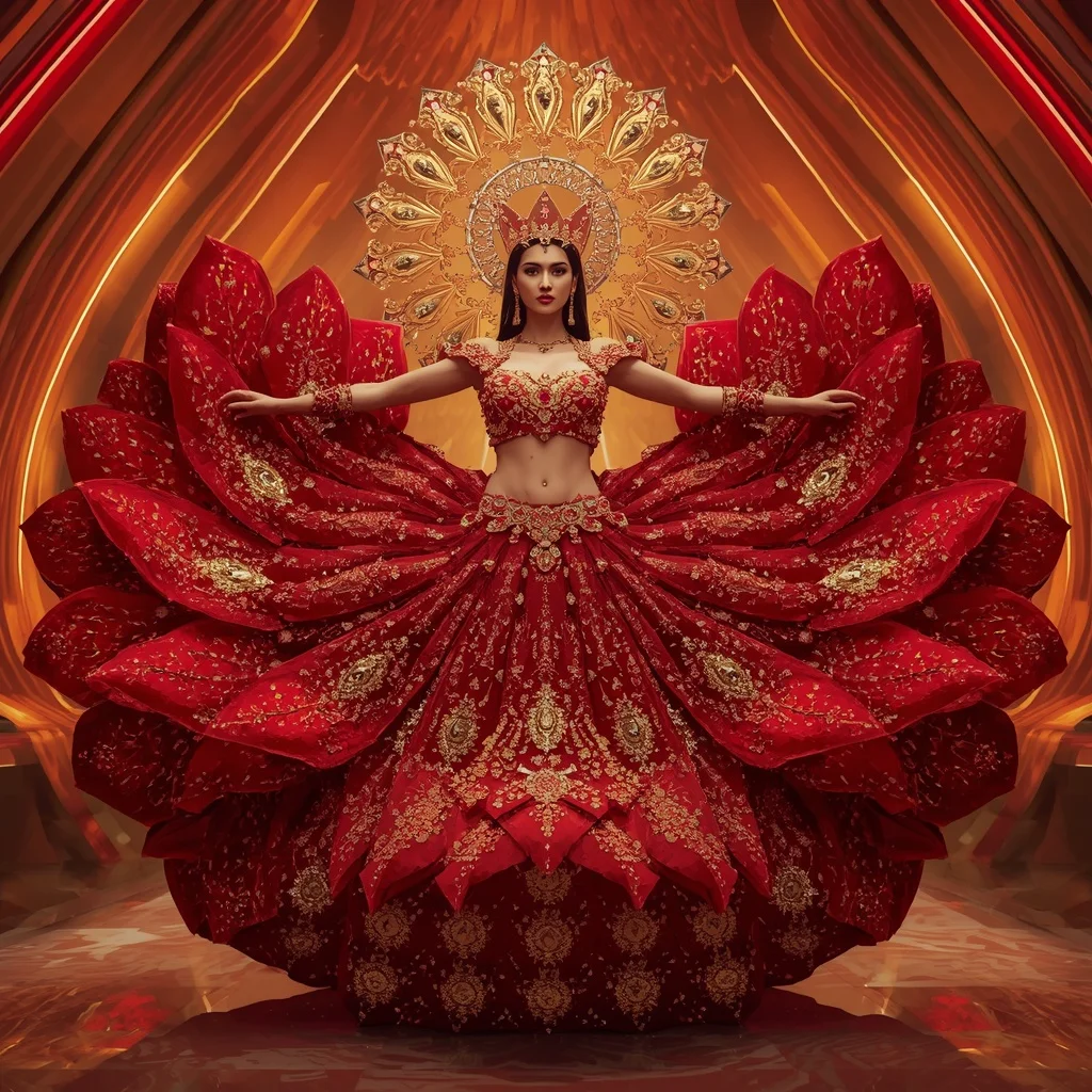 Solar Ruby Lotus Crown Saree with Golden Infinity Bloom Palace | Gemini Photo Prompt