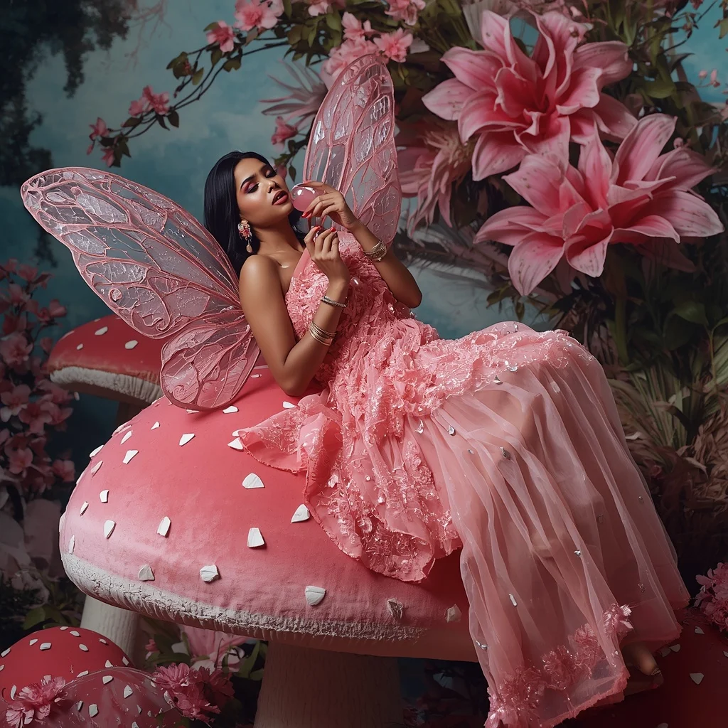 Spun Sugar and Candy Glass Butterfly Saree with Giant Velvet Mushroom Background | Bridal Ai Prompt