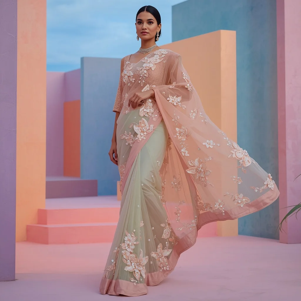 Stunning 3D Floral Applique Festive Saree in Pastel Pink and Seafoam | Leonardo Ai Image Prompt