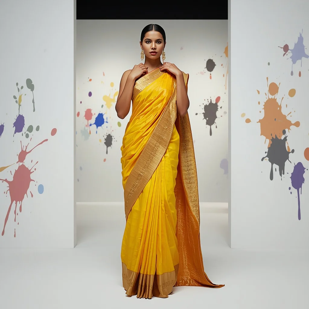 Sunburst Yellow Kanjeevaram Fusion Saree with 3D Origami Net and Heavy Borders | Editing Prompt Girl
