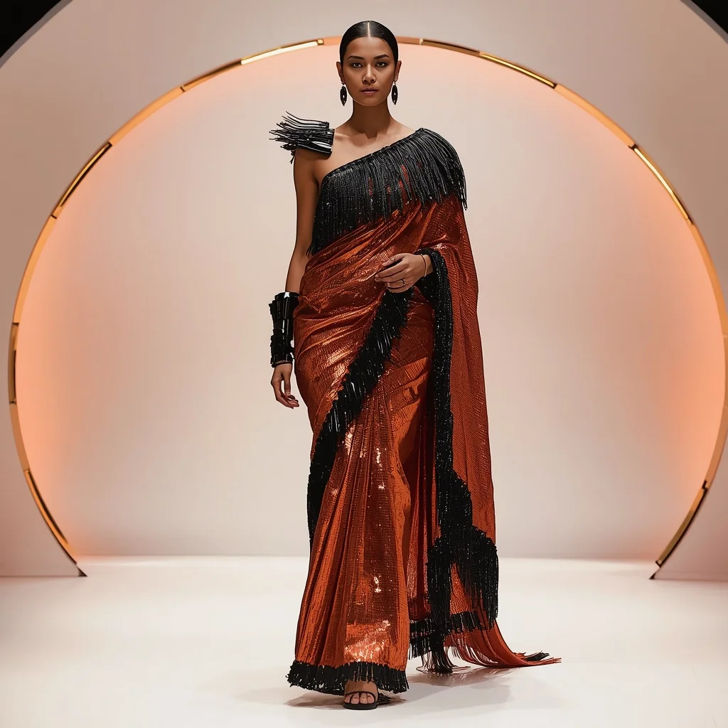 Sunset Copper and Obsidian Fringe Saree in LED Dome | Bridal Ai Prompt