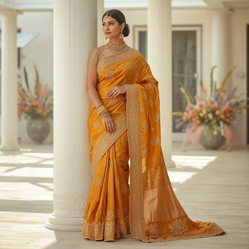 Sunset Gold Ultra-Heavy Mirror Work Festive Saree | Google Prompt