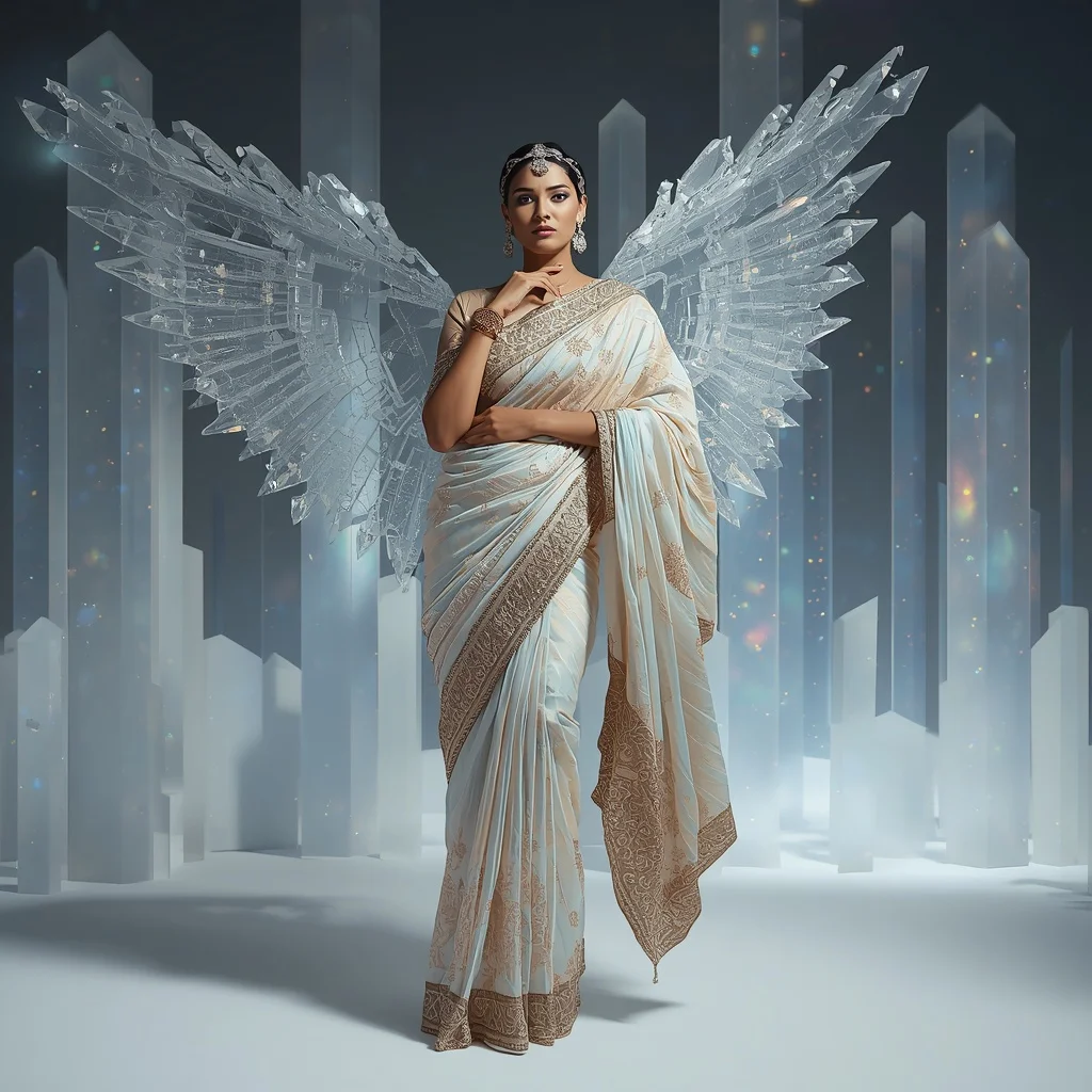 Supreme Infinity Crystal Saree – Ultimate Experimental Festival Saree with Impossible Editorial Pose and Infinite Crystal Universe Background | Ai Girl Image Prompt