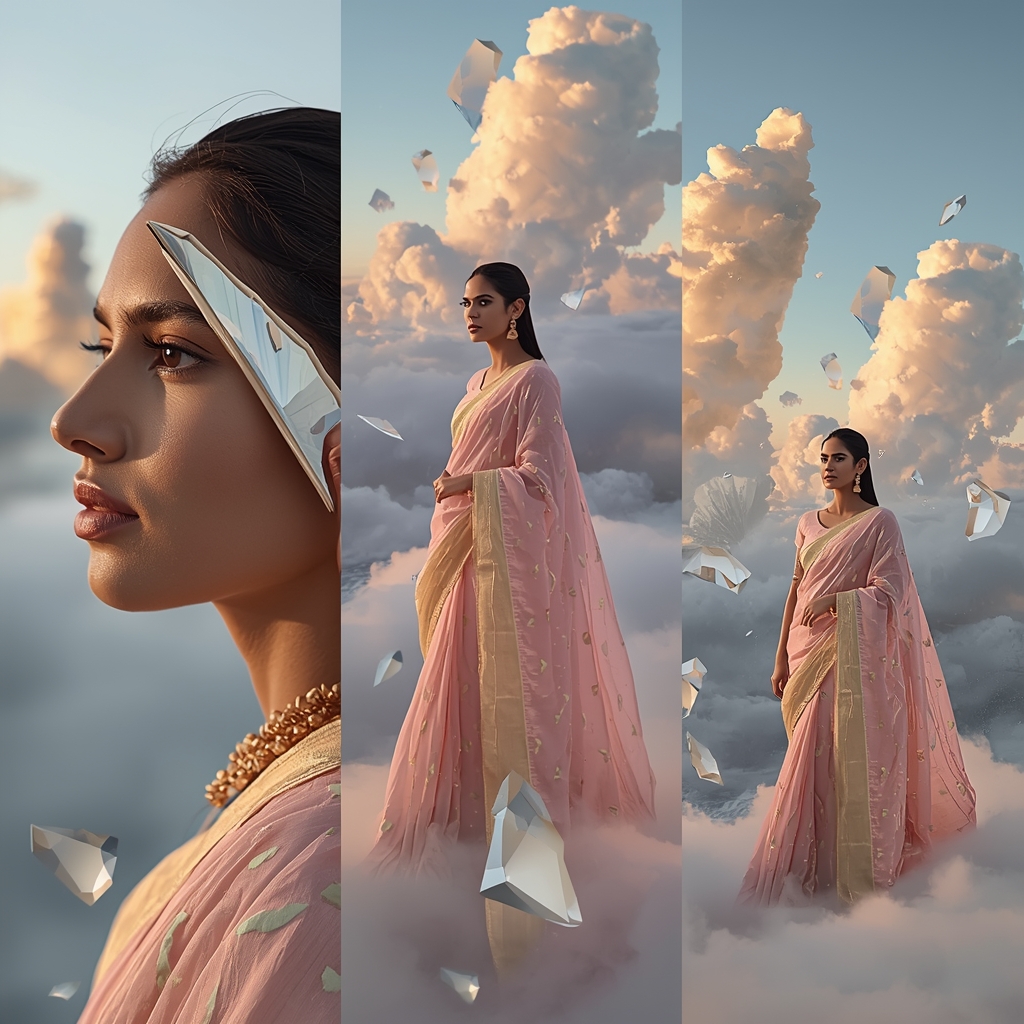 Surreal Cloudscape Floating Crystal Mirrors Saree Triptych Collage | Wedding Saree Ai Prompt