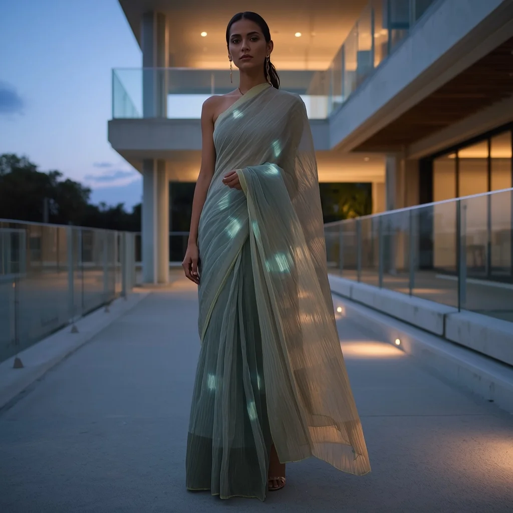 Sustainable Bio-Fabric Saree with Organic Dyes and Algae Glow | Character Design Ai Prompt