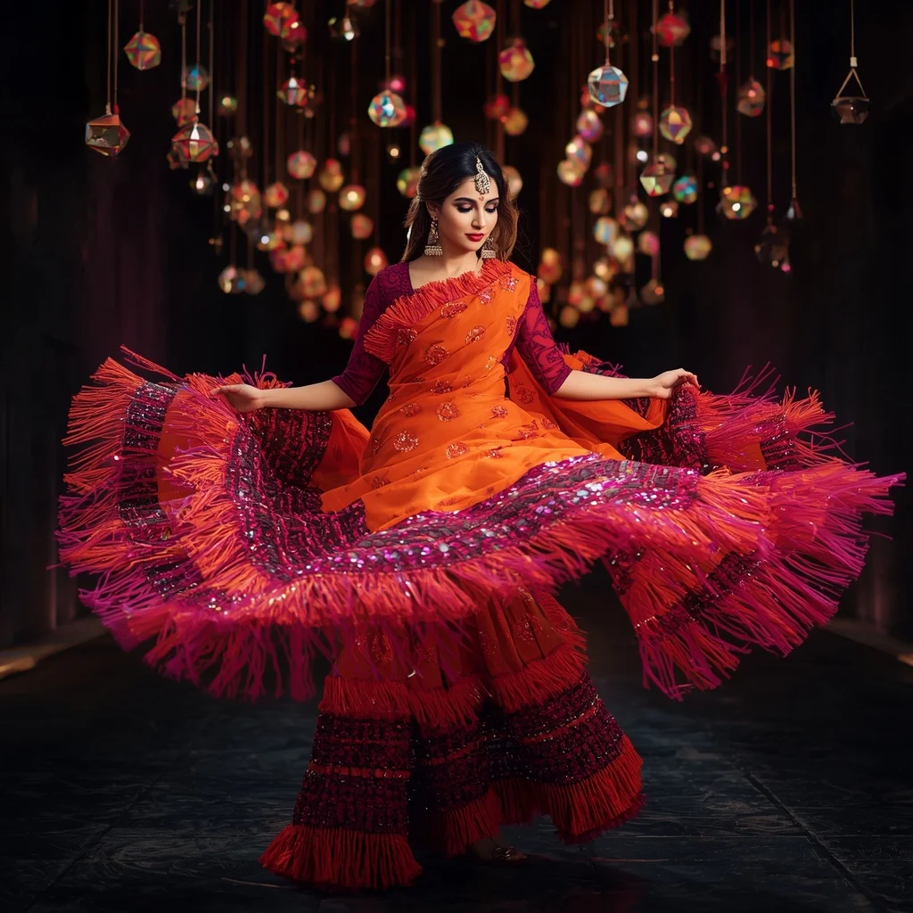 Tangerine Heavy Tasseled Saree for Dynamic Centrifugal Twirls | Happy Ai Prompt