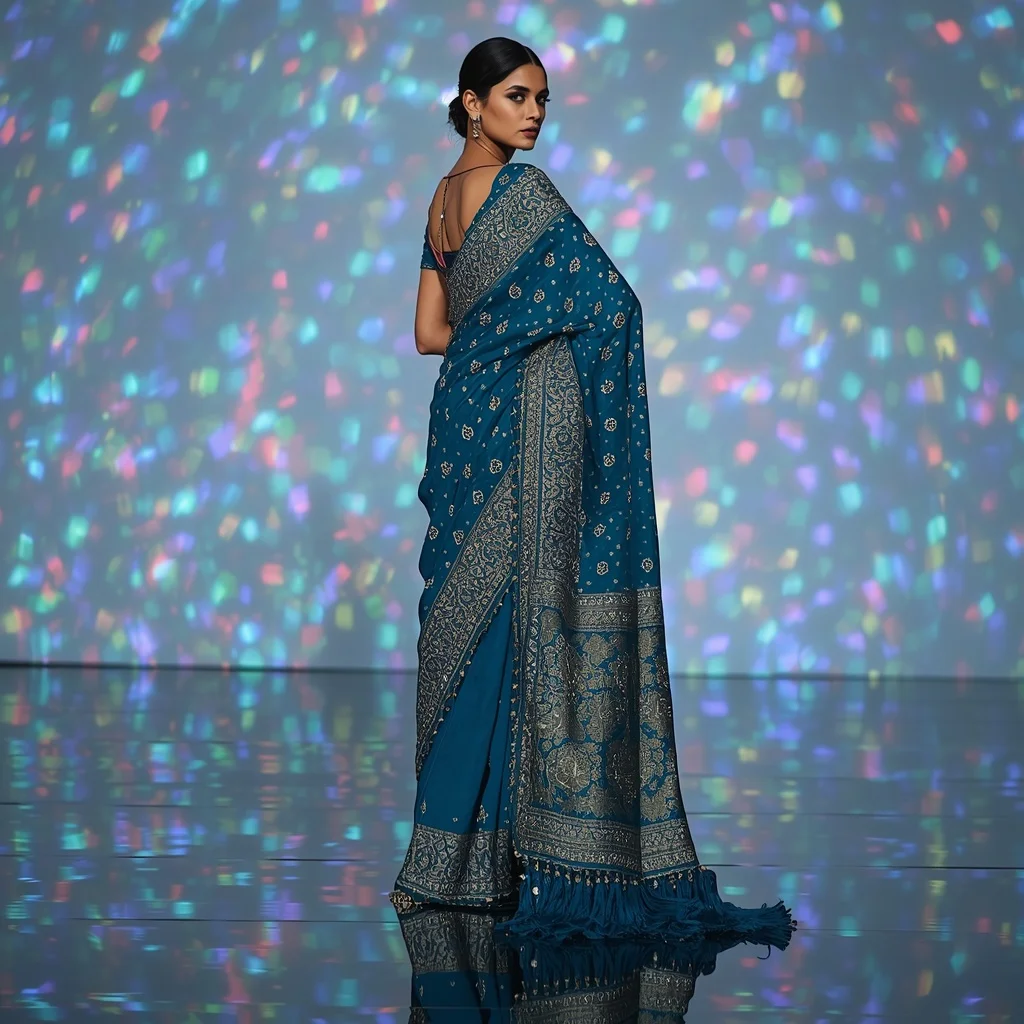 Teal Blue Mega Mirror-Work Festive Saree on Abstract Infinity Floor | 3d Animation Ai Prompt
