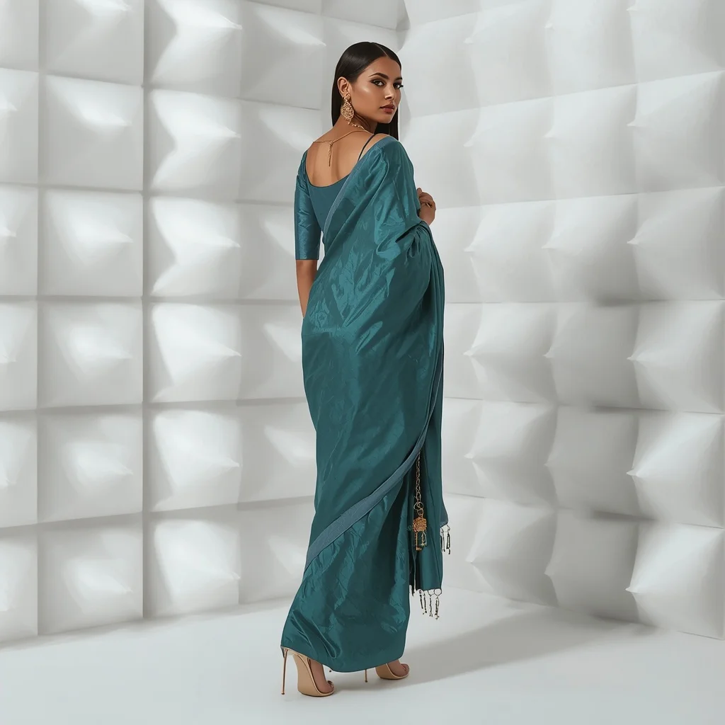 Teal Crushed Silk Saree – Over-Shoulder Stare with White Acoustic Pyramids | Ai Image Prompt