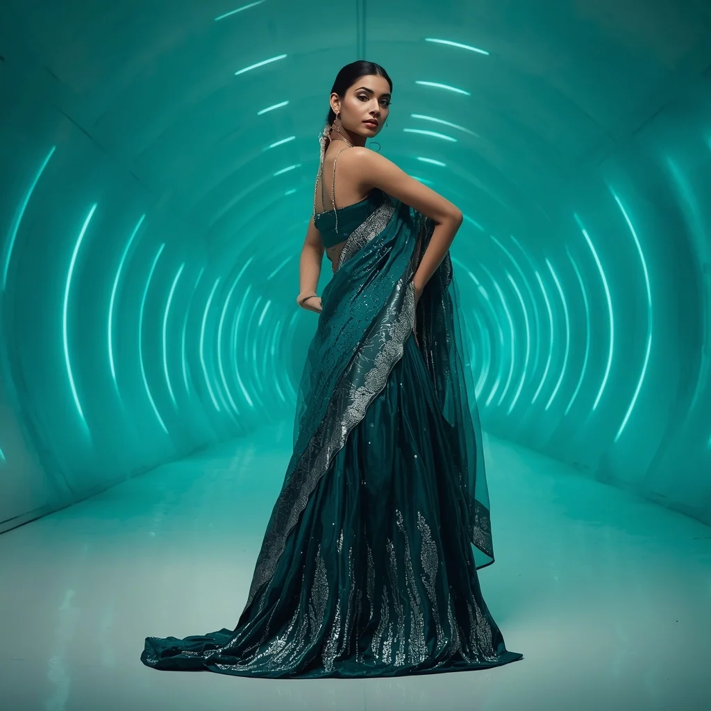 Teal Velvet and Liquid Silver Drip Saree with Endless Curved Tunnel | Prompt Seen Trending Girl 2026 Butterfly