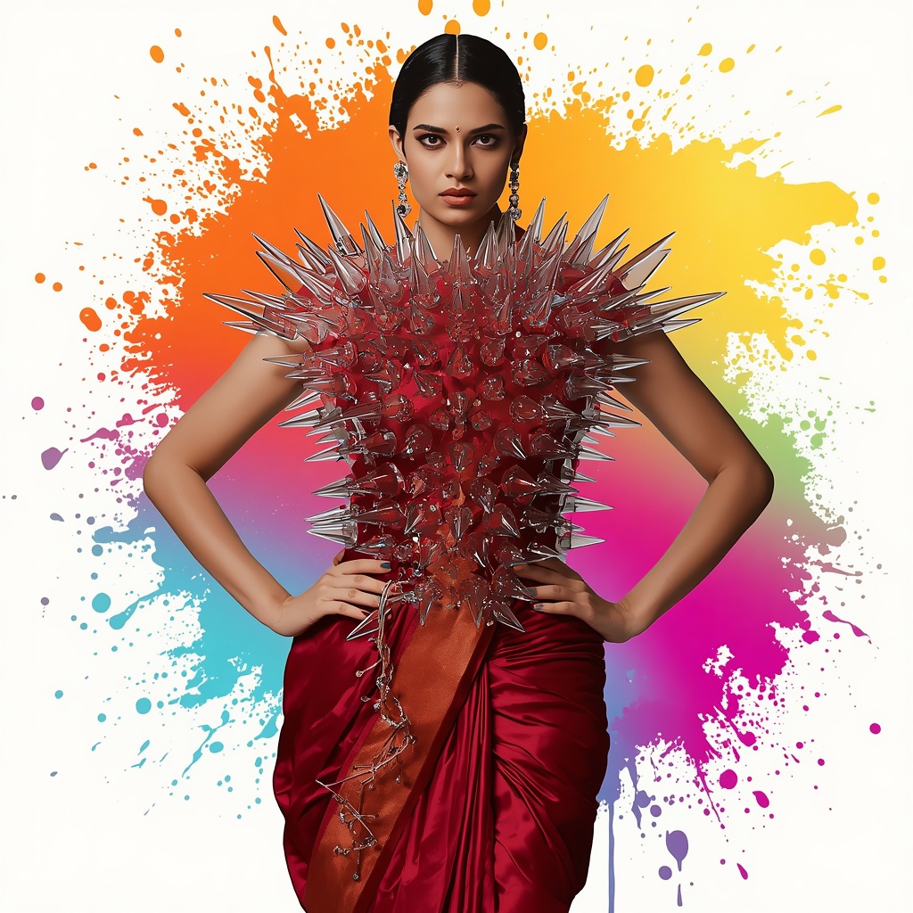 Thick Glass-Blown Giant Spikes Wrapping Heavy Satin Saree Armor | Gemini Saree Prompt For Woman
