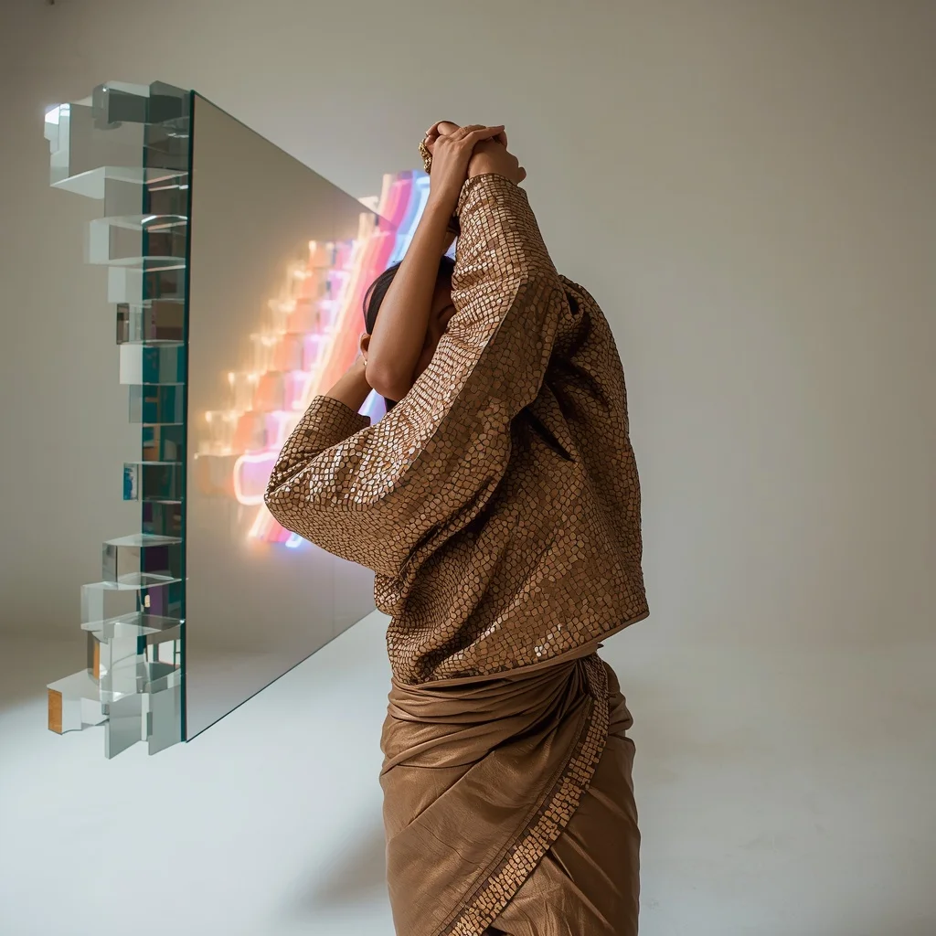 Thick Laser-Cut Leather & Mirror Mosaic Saree: Bronze | The Crossed-Arm Torso Twist Pose | Floating Staggered Acrylic Steps | Travel Ai Prompt