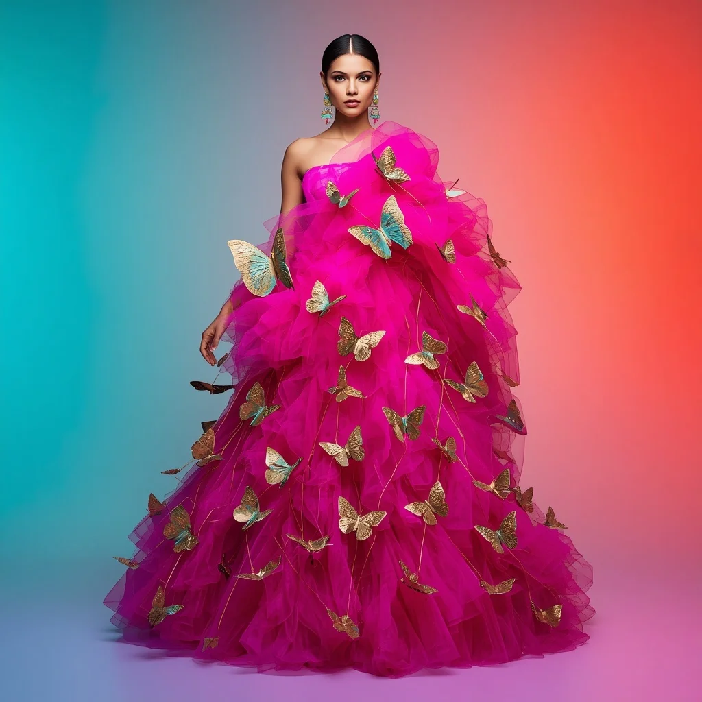 Thick Neon Magenta Tulle Saree with Massive 3D Gilded Aquamarine Butterflies | Gemini Photo Editing Prompt