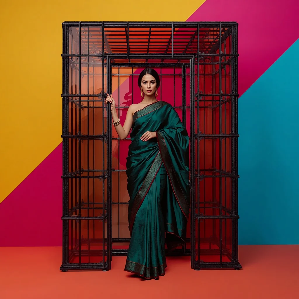 Thick Satin Caged in Massive 3D Wrought Iron and Stained Glass Saree | Prompt Gemini Saree
