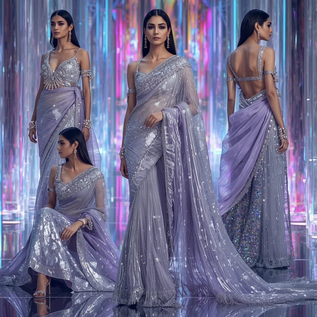 Titanium Aurora Royale Saree with Infinity Neon Crystal Empire | Prompt For Gemini Ai Girl Model Instagram