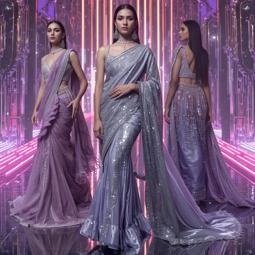 Titanium Aurora Royale Saree with Infinity Neon Crystal Fortress | Girls Trending Prompt Gemini Instagram