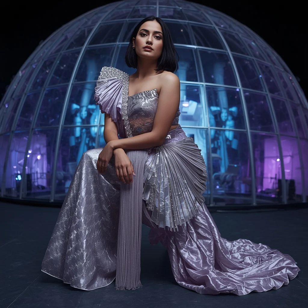Titanium Aurora Symphony Saree with Curved Glass Neon Reflection Orbit Galaxy Dome | Prompt Seen Girl Photo Editing