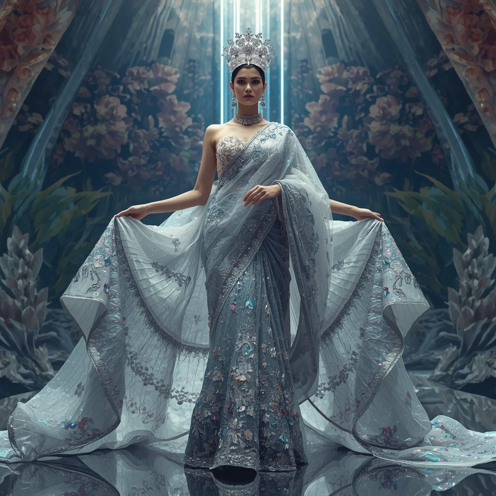 Titanium Celestial Aurora Saree with Infinite Crystal Crown Megacathedral | Prompt Seen Girls AI Photo Editing
