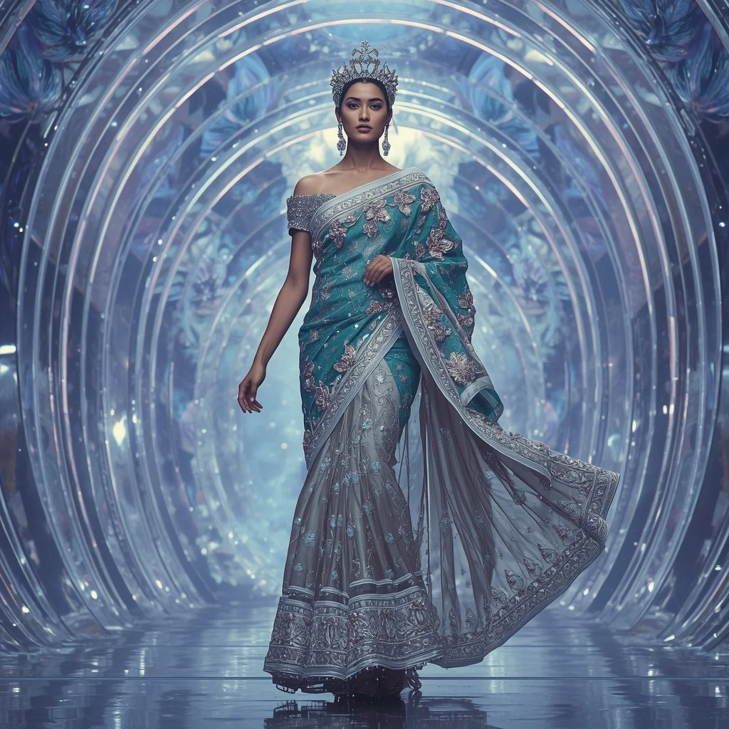 Titanium Celestial Lotus Saree with Infinite Crystal Crown Megacathedral | Trending Prompt Girls ChatGPT