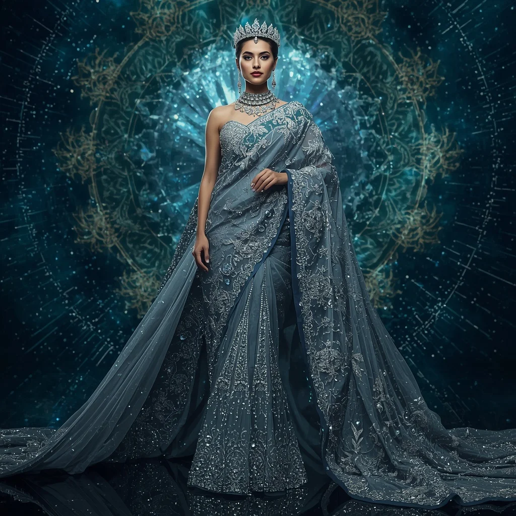 Titanium Celestial Sovereign Saree with Cosmic Crown Realms and Aurora Infinity Multiverse | Prompt Image
