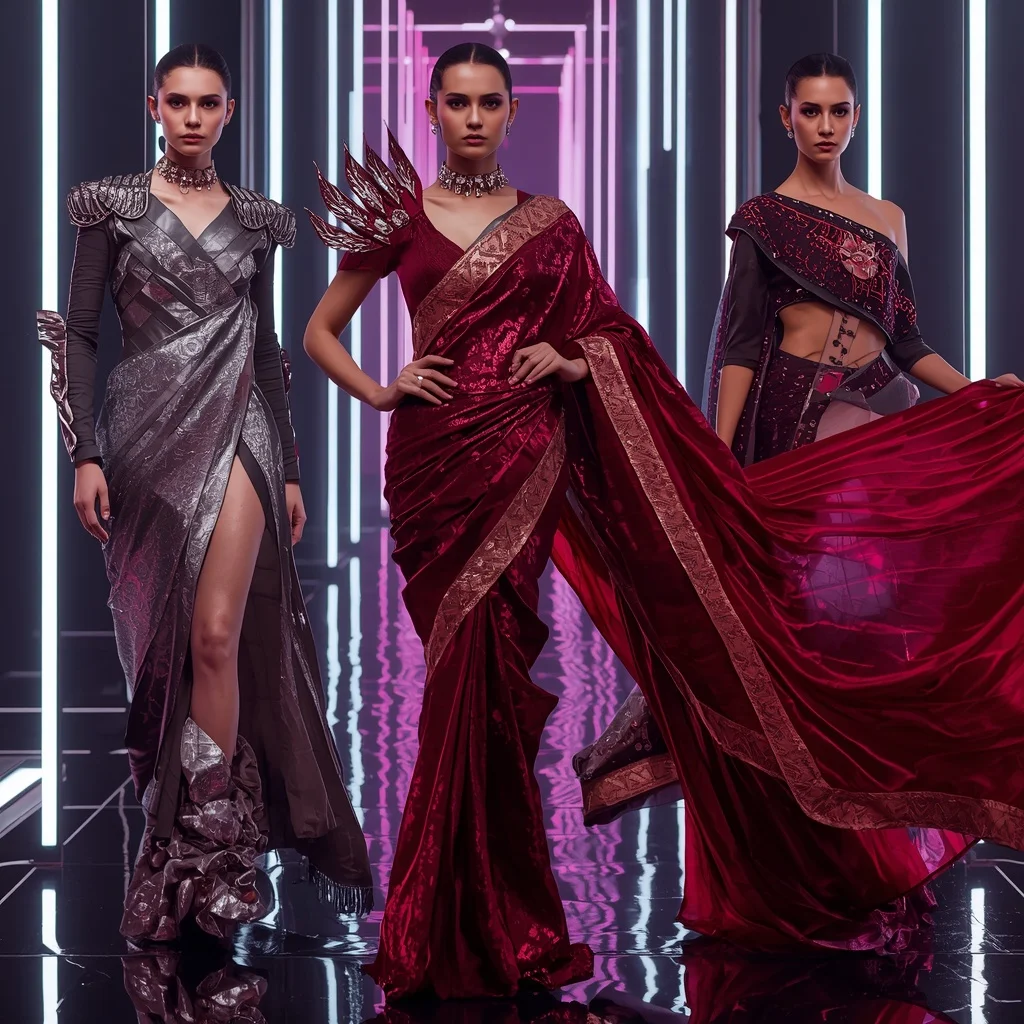 Titanium Crystal Inferno Saree with Floating Neon Corridors | Copy Paste Ai Prompt