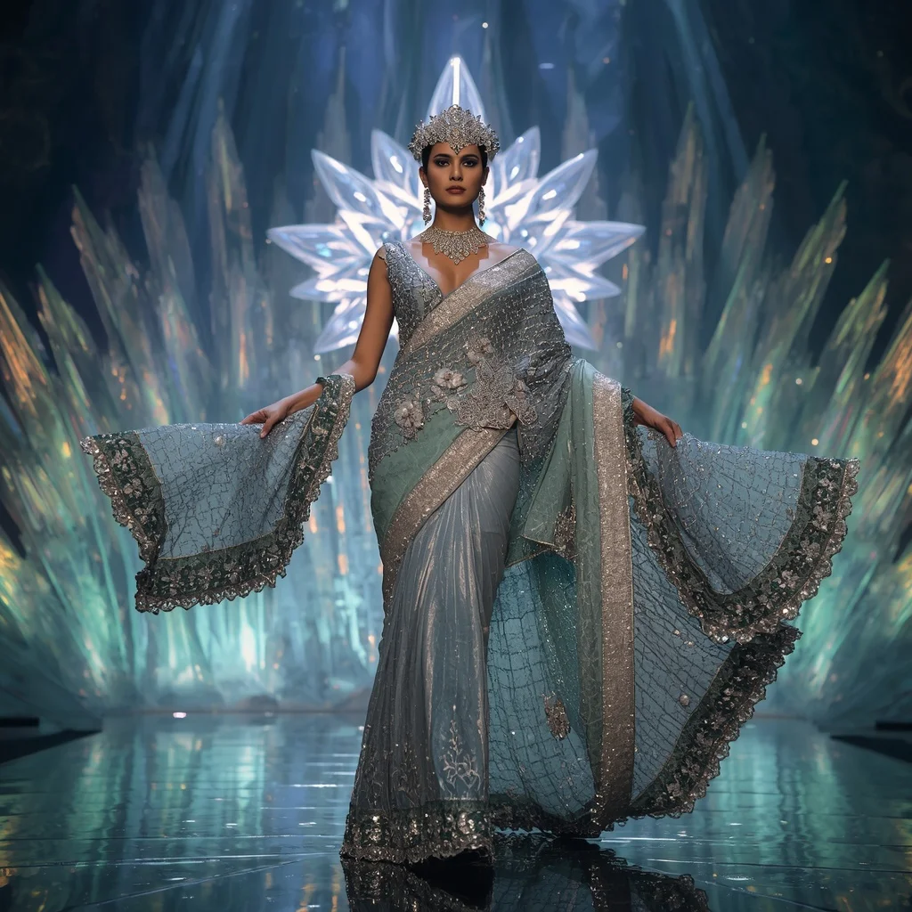 Titanium Lotus Galaxy Saree with Infinite Crystal Crown Megacathedral | Bridal Ai Prompt