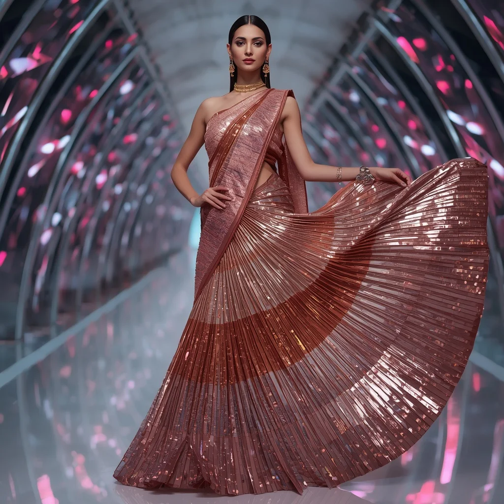 Titanium Rose Infinity Saree with Arc Dome Skyline Corridors | Fitness Model Ai Prompt